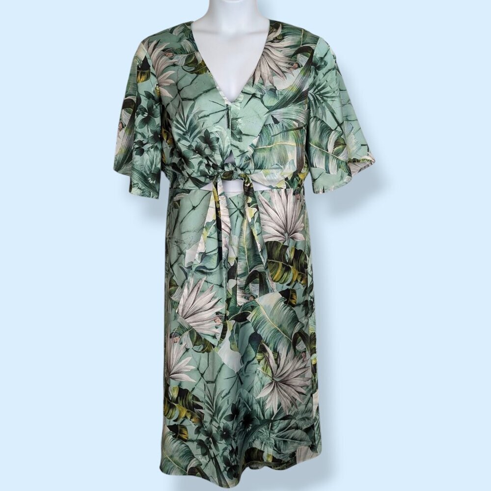 Guess Mint Green Tropical Leaf Midi Dress with Tie Front